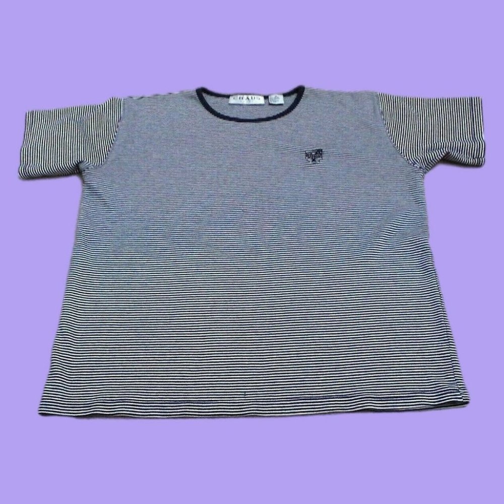 Chaus Womens Shirt Sport Comfort Knit Pullover Tennis Logo Blue/White Stripe Med